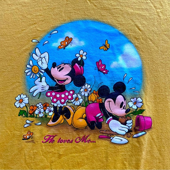 Vintage 90s Disney T-shirt yellow Mikey and Minnie - Picture 2 of 7